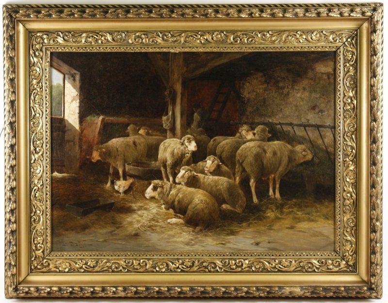 19th C. British, "Flock of Sheep in Barn", Signed: British School, 19th century. "Flock of Sheep in Barn", oil on canvas, signed lower left possibly "J. Jochien" or "T. Tochien". Painting depicts an interior scene in a barn with straw covered floor an