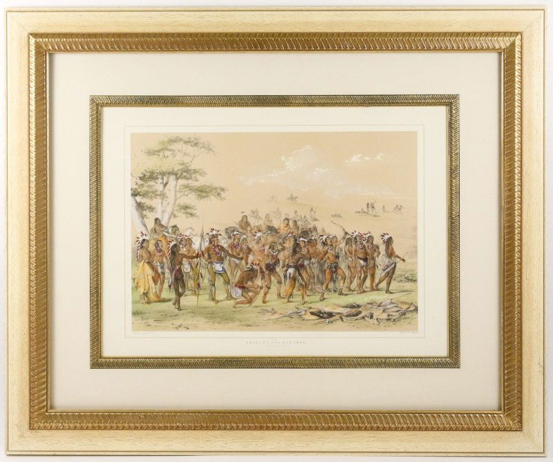 George Catlin 1845 Litho, "Archery of the Mandans": George Catlin (American/ Pennsylvania, 1796-1872). "Archery of the Mandans", chromolithograph, published in 1845. Lithograph depicts a group of Mandan Indian male tribesmen in a landscape setting wear