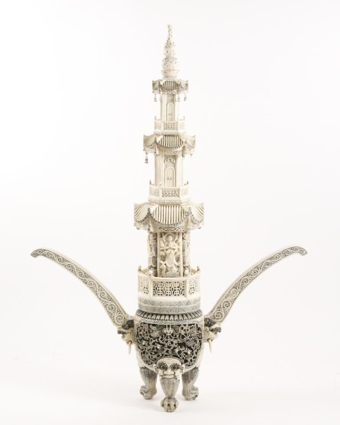 Large Chinese Finely Carved Ivory Censor & Cover: Chinese, late 19th/ early 20th century. A large, finely carved sensor or incense burner in three parts, the lowest piece being on tripartate ball and claw feet surmounted by open mouthed masks from wh