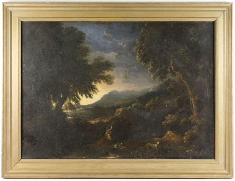 Manner of Thomas Cole, 19th C. Oil, Landscape: Manner of Thomas Cole (English/ American/ Hudson River School, 1801-1848). "Lakeside Figure with Dog", oil on canvas, apparently unsigned. Painting depicts an allegorical male figure in tattered robes