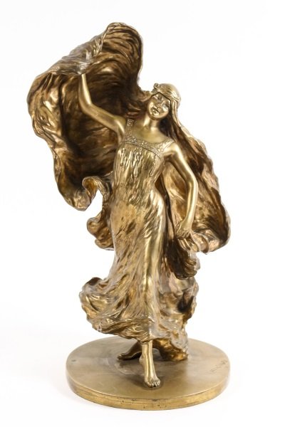 Gilt Bronze Sculpture of Loie Fuller by Delagrange: Leon Noel Delagrange (French, 1872-1910), "Loie Fuller", gilt bronze sculpture, incised on oblong base "DELAGRANGE" and foundry stamp "COLIN PARIS". Art Nouveau figural sculpture depicting the noted d