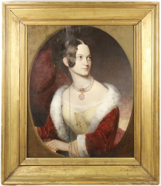 G. G. Ross 1839 Portrait of a Brunette Beauty: George Gates Ross (American/ New Jersey, 1814-1856). "Portrait of Lady with Velvet Coat"-1839, oil on cradled wood panel, signed lower right "G.G. Ross/ painted Nov. 3rd 1839". Painting depicts a youn