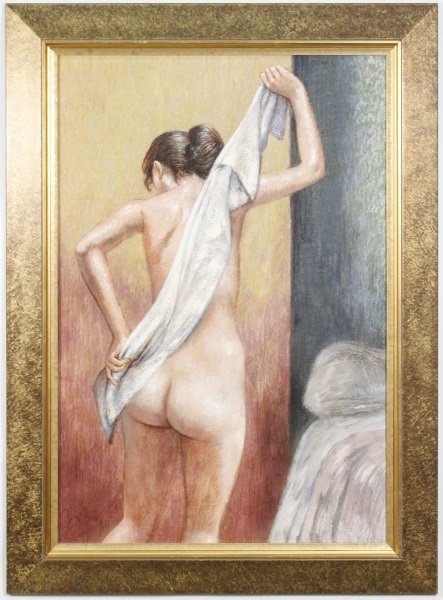 James Yarbrough Nude Bather Painting, Signed: James Yarbrough (American, 20th century). "View of Bather", acrylic on masonite board, signed upper right "Yarbrough". Figural painting depicting a young female nude bather with dark hair pulled back 