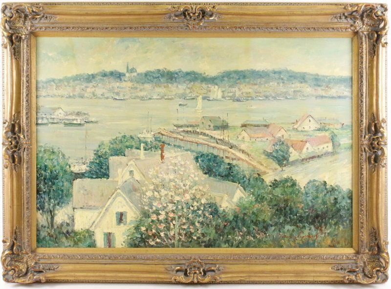 Manner of Twachtman, Harbor Scene, Oil on Canvas: In the manner of John Henry Twachtman (American, 1853-1902). "Harbor Scene", oil on canvas, signed lower right "John ??". Painting is compositionally very similar to, but not an exact copy of Twachtma