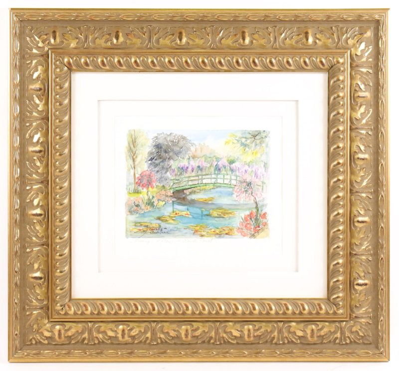 Cambour, Monet's Garden Watercolor, Signed: Cambour (French, 20th century), "Giverny-e'etany de Claude Monet", watercolor on paper, indistinguishably signed lower left above title in pencil. Landscape painting depicting a view of Monet's garden