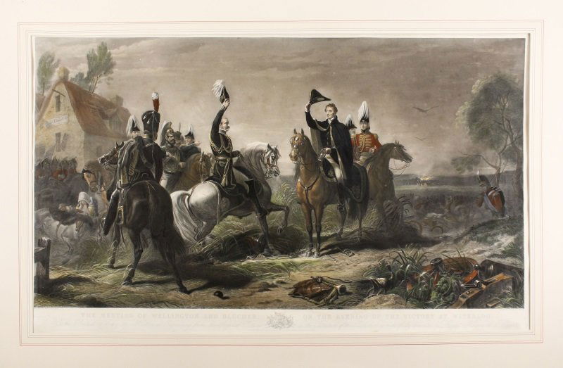 "Meeting of Wellington & Blucher", 1854 Engraving: Charles G. Lewis (English, 1808-1880) after Thomas Jones Barker (English, 1815-1882). "The Meeting of Wellington and Blucher on the Evening of the Victory at Waterloo", hand colored engraving, publish