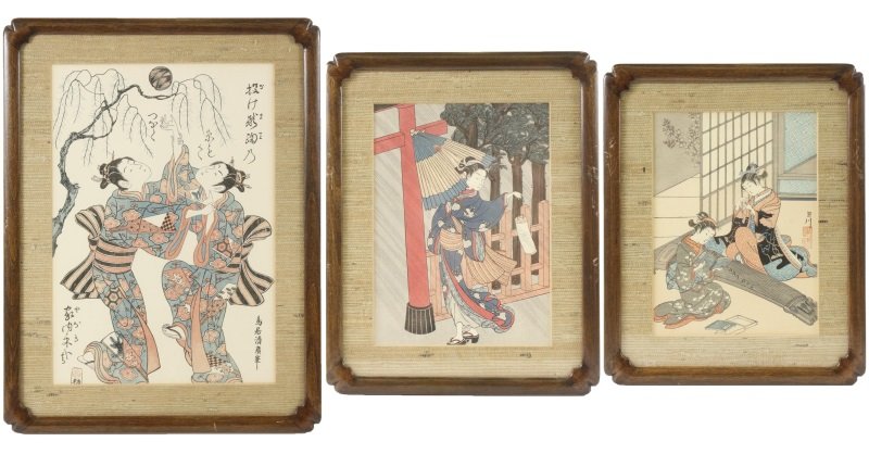 Group of 3 Prints after Ukiyo-e Woodblocks: 20th century. A group of three prints after Ukiyo-e woodblock artists comprising of "Descending Geese of the Koto Bridges", from the series "Eight Views of the Parlor" (Zashiki hakkei) by Suzuki Harun