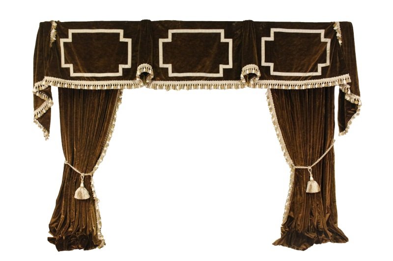 Custom Made Brown Velvet Window Treatments: Set of custom made chocolate brown velvet window treatments consisting of 2 panels and a covered cornice. The fully lined tone on tone striated fabric is trimmed with beige/brown/gray tape and tassels