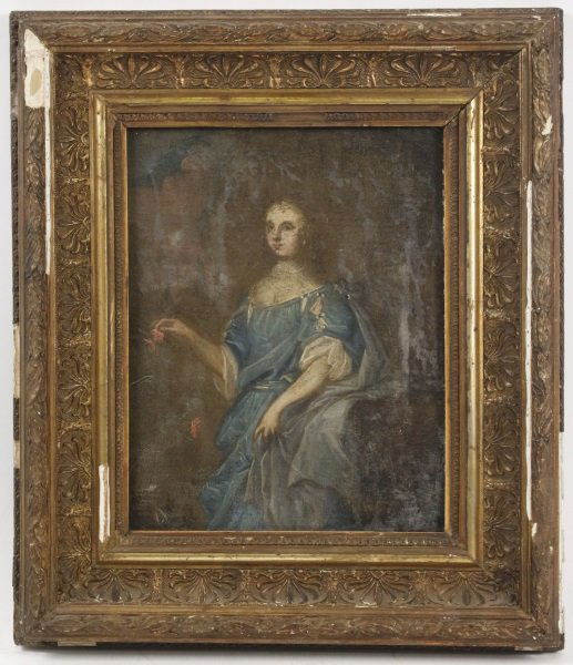 19th C. Cont. School "Portrait of Woman w/ Roses": Continental School, 19th century. "Portrait of Woman with Roses", oil on canvas, unsigned. Painting depicts a young woman seated at knee length wearing ornate gown of blue and white with a low necklin