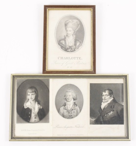 Collection of Four Portrait Engravings: Group of portrait engravings comprising of a framed engraving after Benjamin West's painting "Charlotte: Queen of Great Britain"-1779, (framed approximately 8.125" x 6"); and another framed work with