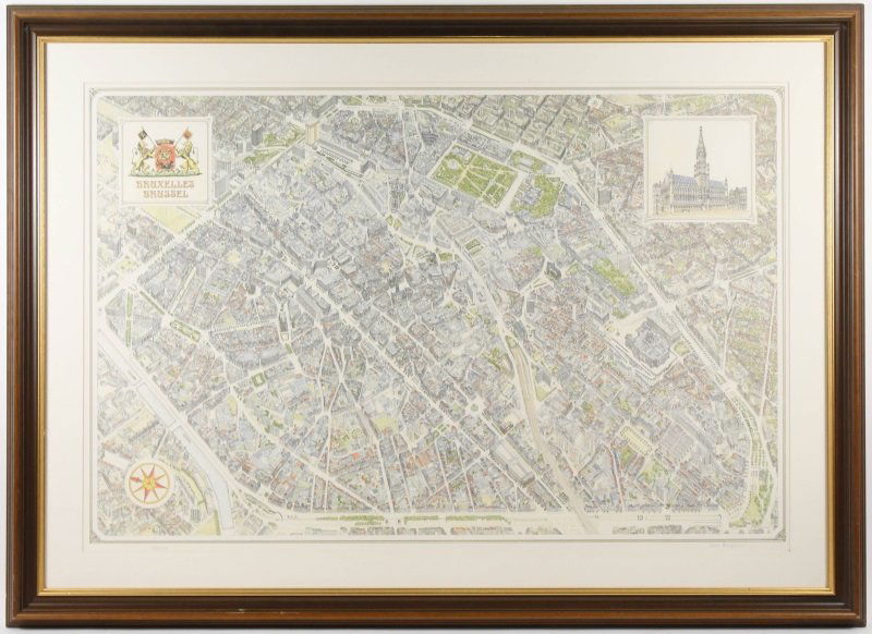 Hand Colored and Signed Map of Brussels, Belgium: A hand colored map of Brussels, Belgium oriented to unique Eastward facing direction, with square cartouche upper left inscribed "Bruxelles Brussel" below the city's coat of arms, and larger square ca