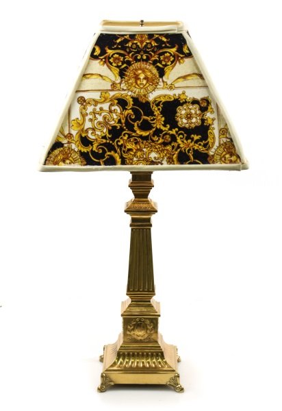 Gilt Metal Column Form Lamp W Versace Style Shade