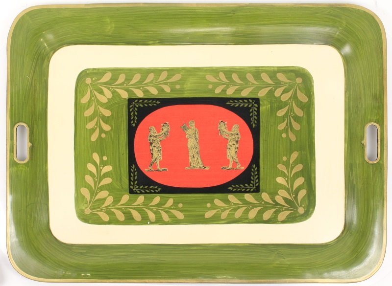 Italian Tole Peinte Tray w/Neoclassical Motif: Italian, 20th century. Large rectangular tole peinte tray with rounded corners and pierced handles at sides with hand painted green and black borders with leaf motif surrounding red oblong medallion a