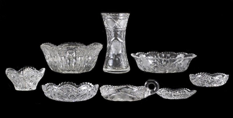Collection of 8 Cut Glass Articles, Dishes & Vase: A collection of eight pieces of cut glass serveware including two small candy dishes of concave form with saw tooth scalloped edges (5" and 5.375" diameter), one candy dish patterned with roses and wi