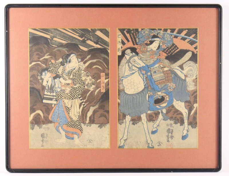 Pair of U. Kuniyoshi Woodblock Prints, 19th C.: Utagawa Kuniyoshi (Japanese, 1797-1861). A group of two woodblock prints mounted within same frame comprising of "Woman General Tomoe" and "Yamabuki", each carrying the publisher's seal of Ota-ya Taki
