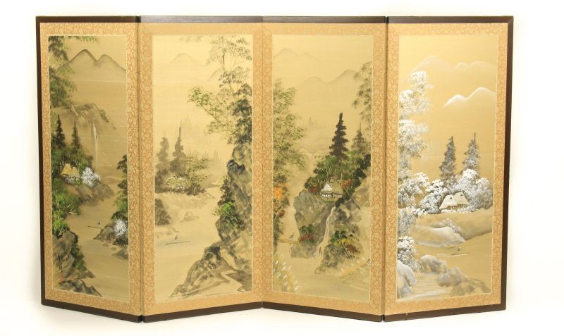 Hand Painted Japanese Table Screen, 4 Seasons: Japanese, 20th century. A hand painted four panel silk table screen depicting the four seasons, one to each panel, from left to right Spring, Summer, Winter, and Fall, each panel being a mountainous J