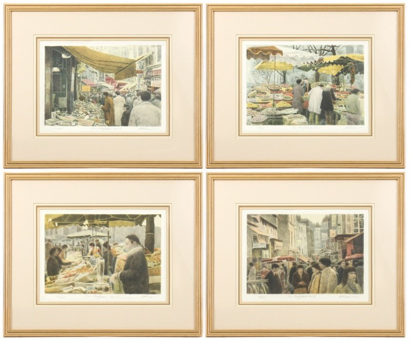 Series of 4 Altman Lithos, Rue Mouffetard Market: Harold Altman (American/ French, 1924-2003). "Rue Mouffetard I, II, III, and IV", chromolithographs, limited edition 243/285, each pencil signed, titled and numbered below the image. A collection of f