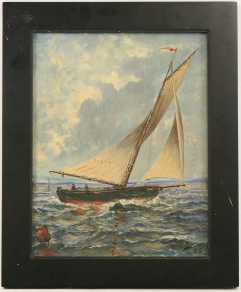British 19th C. Signed Oil on Board, "Sailing": British School, fourth quarter 19th century. "Sailing" - 1884, oil on artists board, monogrammed and dated lower right. Impressionist painting depicting a sailboat at center at sea with arcing and sid