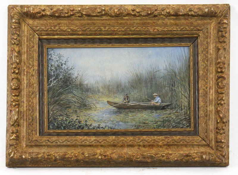 British School 19th C. Signed Watercolor, Fishing: J. Reed Dickinson (British, fl.1867-1881). "Fishing", watercolor on paper laid down on artists board, signed lower right of center. Small finely painted work depicting two men sitting in a wooden row