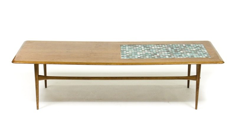 Selig Mid Century Modern Teak & Tiled Coffee Table: Selig (Danish, 20th century). Mid century modern style teak wood coffee table or cocktail table with elongated rectangular top inset with a rectangular panel of rectangular Murano glass tiles in shade