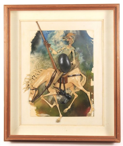 Ray Reves, Modern Mixed Media, Don Quixote: Ray Reves (20th century), "Don Quixote", three dimensional mixed media artwork, signed lower left. Modern figural 3D art work with thin male knight seated on cream to tan colored horse with stylized m