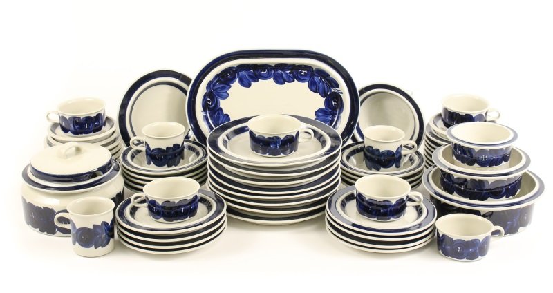 Set of Arabia of Finland China (58 pcs): Set of Arabia of Finland china in the Anemone-Blue pattern comprised of the following 58 pieces: 8 dinner plates (diameter 10.15"); 10 rim cereal bowls (diameter 7"); 9 salad or luncheon plates (diame