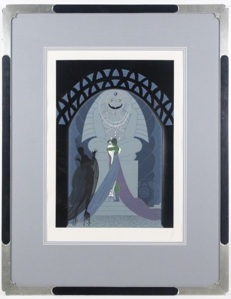 Erte "Lovers & Idol", Pencil Signed Serigraph: Erte (Romain de Tirtoff, Russia & France, 1892-1990), "Lovers and Idol", serigraph (silkscreen) on paper, pencil signed lower right margin, numbered in pencil lower left margin "72/300". Figural color