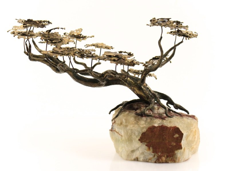Jere for Artisan House Bonsai Tree Sculpture: Curtis Jere for Artisan House modern Brutalist copper and bronze bonsai tree tabletop sculpture with stylized gilt leaves on patinated branches, exposed curving roots at bottom, tree resting on stone
