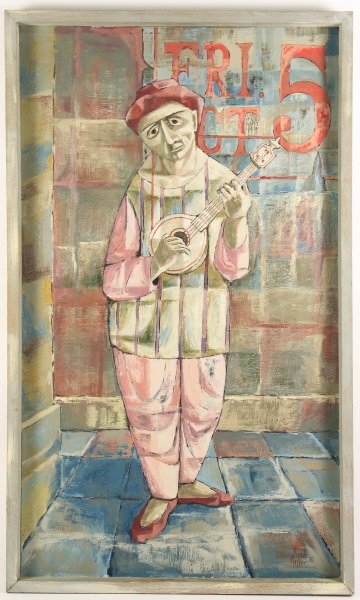 Mid-Century Rich Miller Painting, Banjo Player: Richard Kidwell Miller (American (New York/ West Virginia), 1930-2014). "The Street Musician" - 1956, oil on canvas, signed and dated lower right "Rich Miller '56". Modernist painting depicts a single
