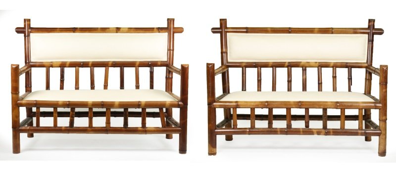 Pair of Bamboo Benches, Attr. to Perret & Vibert: Attributed to Perret & Vibert (French, Second half of 19th century), pair of two bamboo framed benches or settees with thick frames with vertical slat accented aprons. Benches upholstered in cream col