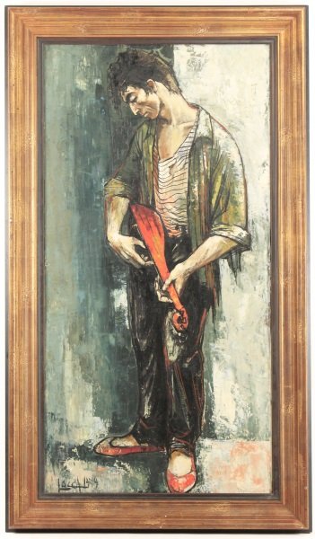 Albert Locca "Mandolin Player", 1959 Oil on Canvas: Albert Locca (Swiss, 1895-1966). "Mandolin Player" - 1959, oil on canvas, signed lower left "Locca 1959". Vertically oriented painting depicting a single male figure in striped shirt under tattered gr