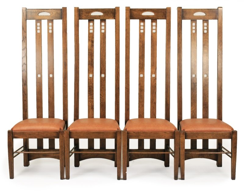 Set of 4 Mackintosh Highback Ingram Chairs: Matched set of 4 Mackintosh oak highback Ingram tea room chairs after designer Charles Rennie Mackintosh, probably by Cassina. These chairs are an elongated, taller version of Mackintosh's standard he