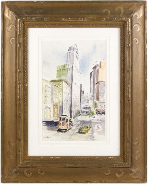 Guy Wiggins, View of San Francisco, Watercolor: Guy Carleton Wiggins (American, 1883-1962), "San Francisco Street Scene", watercolor on paper, signed lower left. Urban street scene depicting a view of San Francisco, California with street car in fo