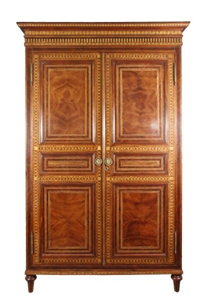 Neoclassical Style Parquetry Entertainment Center: 20th C. Neoclassical style parquetry inlaid entertainment center cabinet with projecting cornice over a pair of paneled doors, enclosing an interior fitted for a television,and having an open shelf to