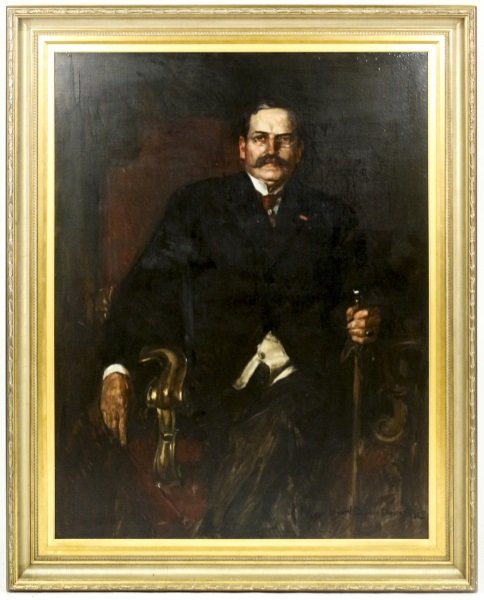 Howard C. Christy Portrait, Possibly T. Roosevelt: Howard Chandler Christy (American (New York/ Ohio), 1872-1952). "Portrait of a Gentleman with Cane" - 1907, oil on canvas, signed and dated lower right. Possibly a portrait of President Theodore Roose