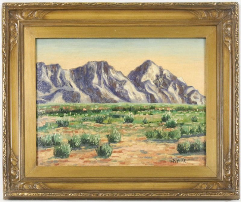 Hanson Puthuff Oil, "Desert Landscape", Signed: Hanson Duvall Puthuff (American (California/ Missouri), 1875-1972) . "Desert Landscape", oil on canvas board, signed lower right "H. Puthuff". Painting depicting the lowlands in a desert with an orang