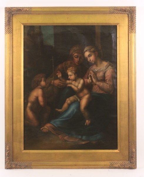 19th C. Oil After Raphael, Madonna, Jesus & John: After Raffaello Sanzio da Urbino (Italian, 1483-1520). "The Virgin and Child with the Infant Saint John the Baptist and Saint Elizabeth", 19th century oil on canvas, apparently unsigned. Painting depi