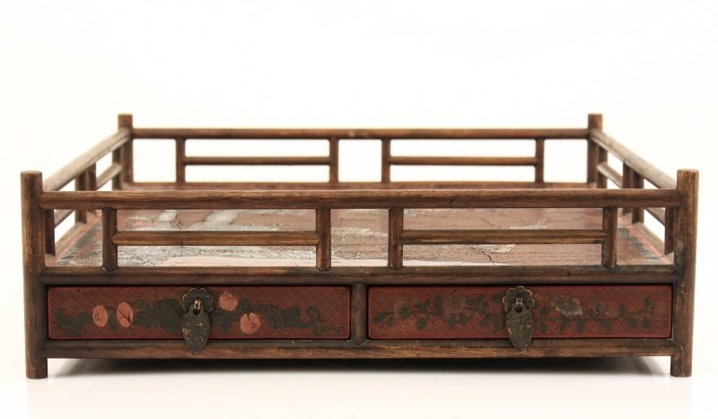 19th C. Chinese Bamboo Tea Tray w/ Landscape Motif: Chinese, Qing Dynasty, 19th century. A bamboo and hardwood tea tray of square form having a bamboo gallery to top, the platform decorated with red lacquer having a floral landscape scene to lower left