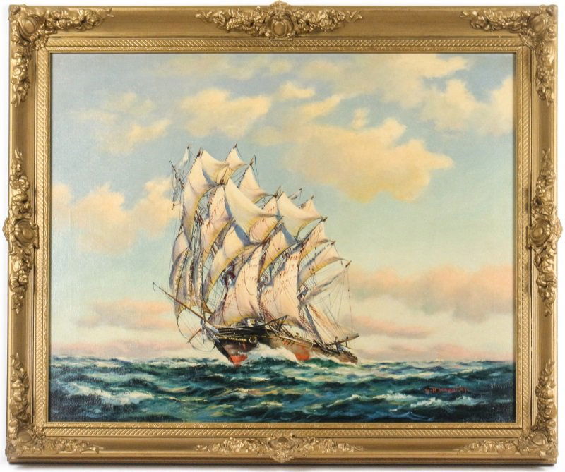 George Wheatley American School Maritime Oil: George Wheatley (American, b.1895). "On High Seas", oil on canvas, signed lower right "G.H. Wheatley". Painting depicts an enormous tall ship in the high seas with all sails at full mast as the ship t
