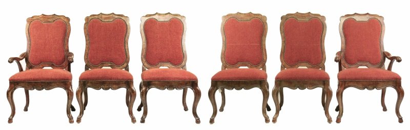 Set of 6 Drexel Heritage Upholstered Dining Chairs: American (North Carolina),Contemporary. Set of six Drexel Heritage dining chairs (two armchairs, four side chairs) with shaped medallion backs and seats upholstered in brick red to brown fabric uphols