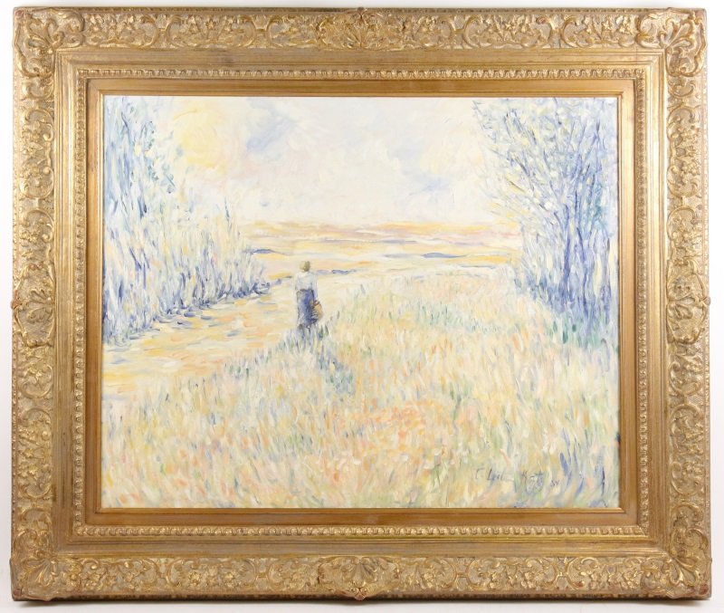 Impressionist Landscape "Lone Traveler in Pastels": Terry Leite Dwyer Katz (likely American, 20th century). "Lone Traveler in Pastels" - 1984, oil on canvas, signed lower right "T. Leite Katz 84" and inscribed to verso of canvas. Impressionist painting
