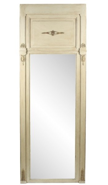 French 19th C. Grey & Ormolu Mounted Pier Mirror: French, Late 19th/Early 20th century. Vertical pier mirror of rectangular paneled form with grey painted finish on wooden frame throughout accented with bronze ormolu mounts in Neoclassical style with