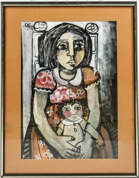 Oil on Paper "La Nina de la Munela", Signed "Vivi": Vivi (Cuban, 20th century). "La Nina de la Munela (Wheel Girl), oil on paper, signed upper left. Painting depicts a young raven haired girl at center with face having strong nose separating overly lar