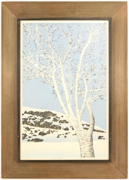 Ted Colyer, Winter View w/Tree, Signed Woodblock: Ted Colyer (Canadian, b. 1947-), "Winter Tree"-1979, color woodblock print on paper, pencil signed and dated lower right margin, titled lower center margin, limited edition numbered lower left margin 
