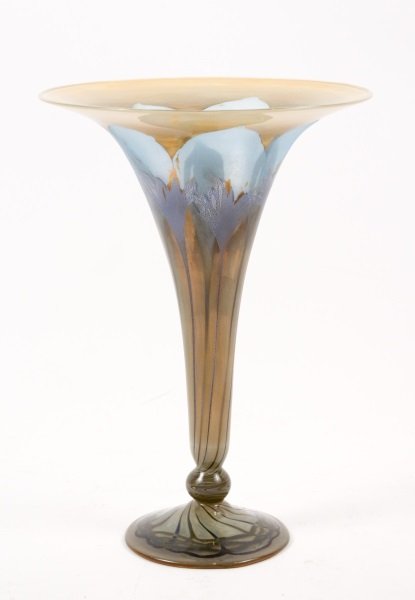 German Vera Walther Art Glass Vase: German, 20th century. Vera Walther art glass vase, trumpet form with silver pulled floral motif on turned decorated foot. Acid etched signature on foot. Height 12.15", diameter of mouth 8.5".