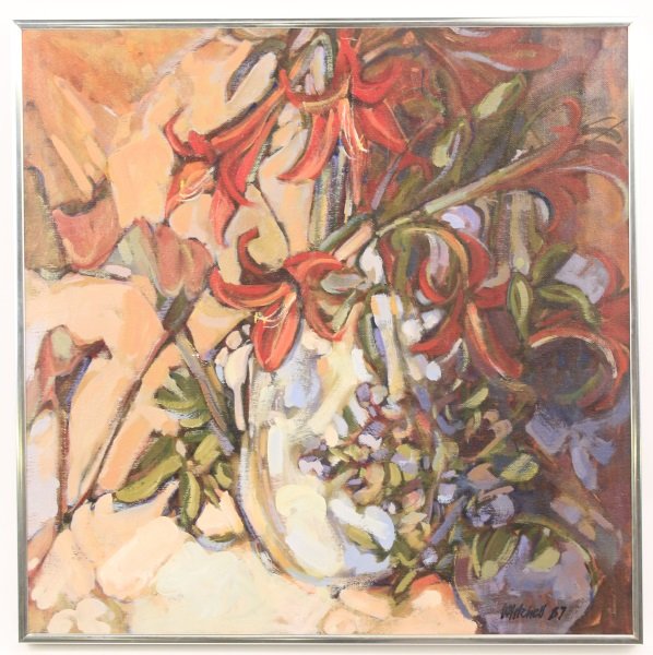 Lucy Mitchell Floral Painting on Canvas, Signed: American School, 4th quarter 20th century. "Abstracted Flowers" - 1987, oil on canvas, signed and dated lower right "Mitchell" and to verso of stretcher "Lucy Mitchell". Abstract painting depicts a cl