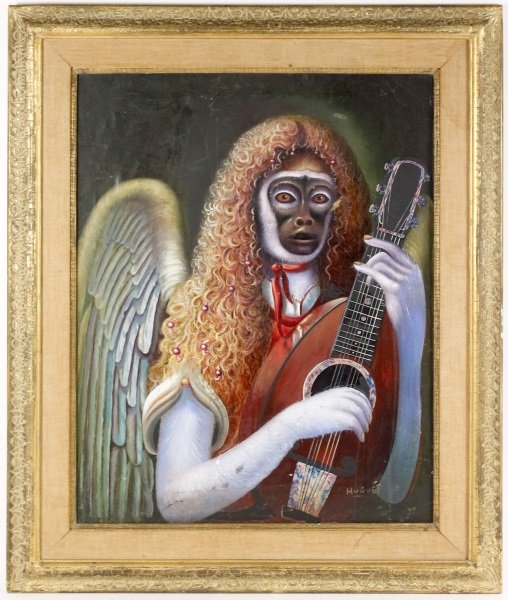 Winged Monkey w/Guitar, Signed Huguet: Maria-Ascension Lorente-Huguet (also known as M.A.L. Huguet), (Spanish/American, Contemporary), "Monkey with Guitar", acrylic on canvas, signed lower right. Figural painting from the artist's "Human A