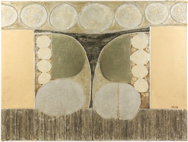 Modern Neutral Mixed Media on Canvas, Brioni: Brioni (likely Italian, 20th century), "Untitled", mixed media on canvas, signed lower right "BRIONI". Modern abstract geometric mixed media artwork in shades of gray, metallic silver and cream with b