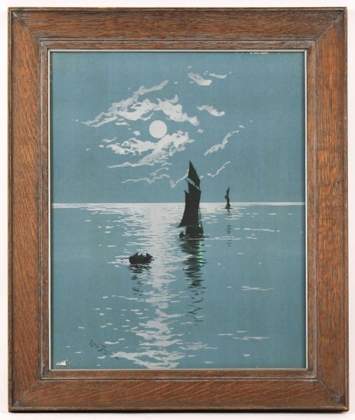 Louis Tauzin "Moonlight Boats" Lithograph: Louis Tauzin (French, 1842-1915). "Moonlight Boats", lithograph, signed within matrix lower right "Louis Tauzin". Scene depicted is a pair of tall ships with full sails and one tug boat with figures c