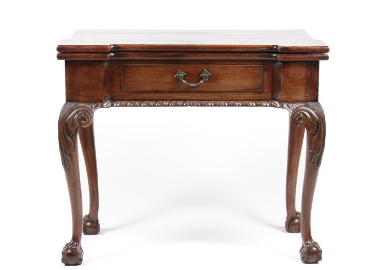 Mahogany Flip Top Game Table, Late 19th C.: English, Late 19th century. Mahogany wood flip top game table with hinged top that opens to green felt topped surface for playing cards or games, apron with pull out drawer with brass hardware pull. T